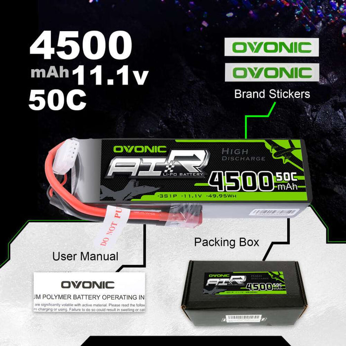 Ovonic 11.1V 50C 3S 4500mAh LiPo Battery Pack with T Plug for RC Heli Car
