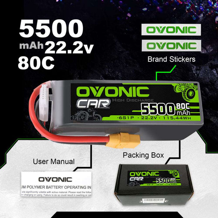 Ovonic 80C 22.2V 6S 5500mAh LiPo Battery for RC Car Airplane Heli - XT90 Plug