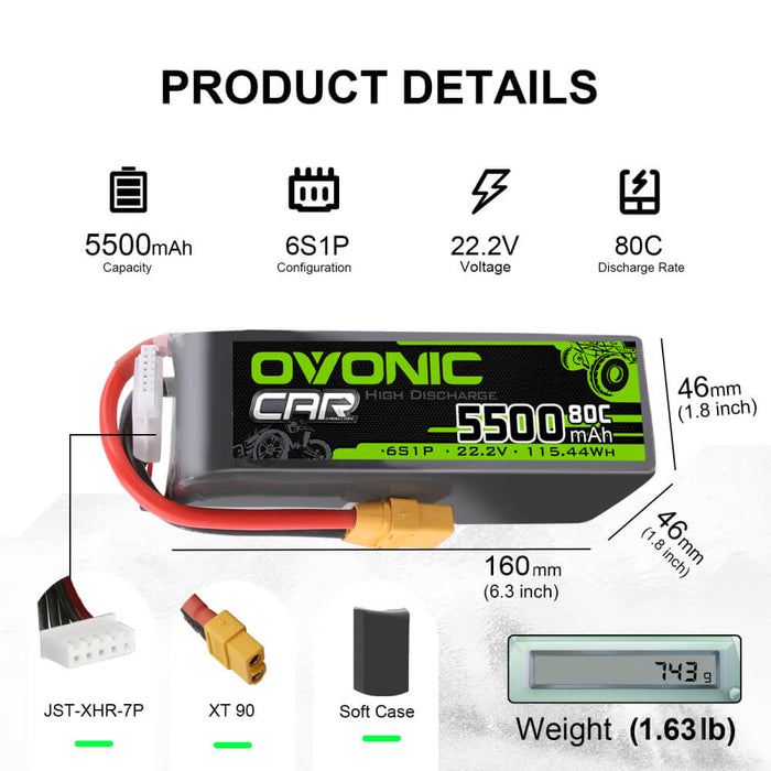 Ovonic 80C 22.2V 6S 5500mAh LiPo Battery for RC Car Airplane Heli - XT90 Plug - Ovonicshop