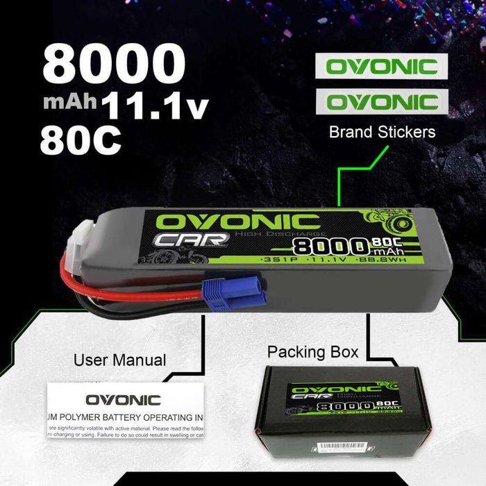 Ovonic 80C 3S 8000mAh 11.1V LiPo Battery for 1/8 1/10 Buggy Truck Car - EC5 & XT60 Plug
