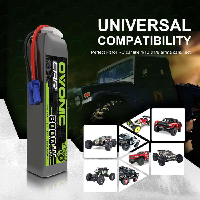 Ovonic 80C 3S 8000mAh 11.1V LiPo Battery for 1/8 1/10 Buggy Truck Car - EC5 & XT60 Plug