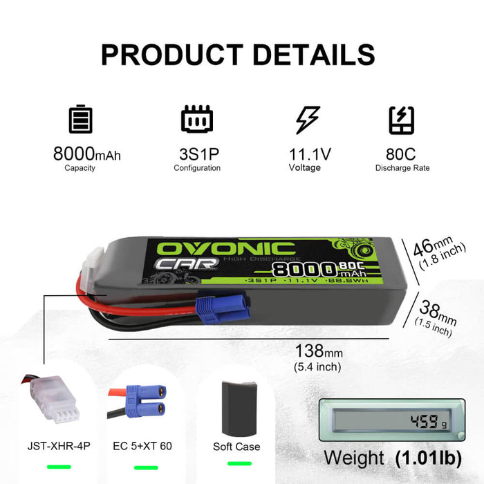 Ovonic 80C 3S 8000mAh 11.1V LiPo Battery for 1/8 1/10 Buggy Truck Car - EC5 & XT60 Plug - Ovonicshop